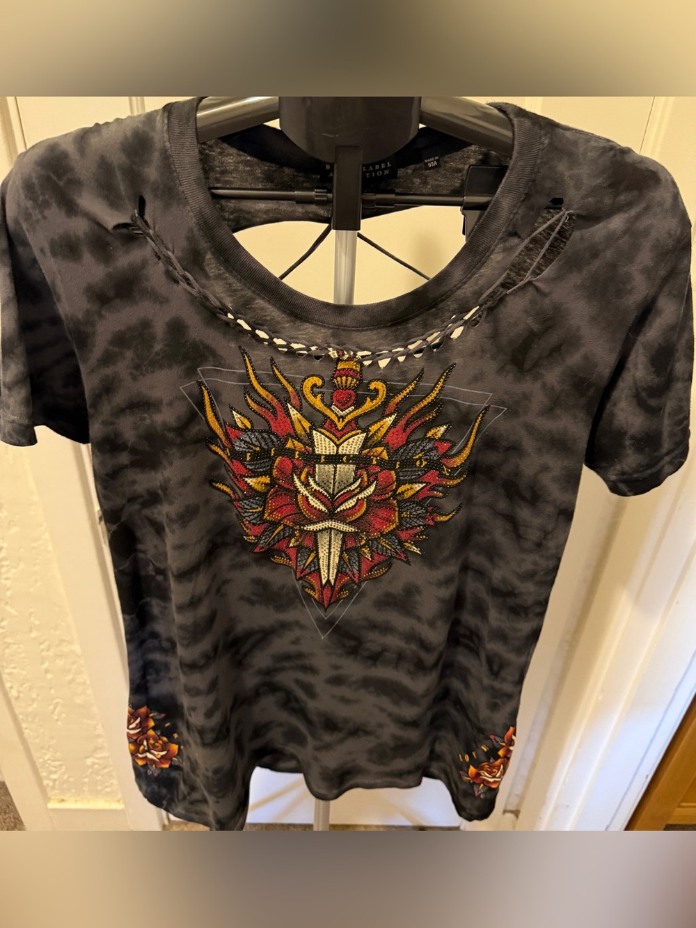 Affliction black label Black Tie-Dye Graphic Tee with Red Floral Dagger Design